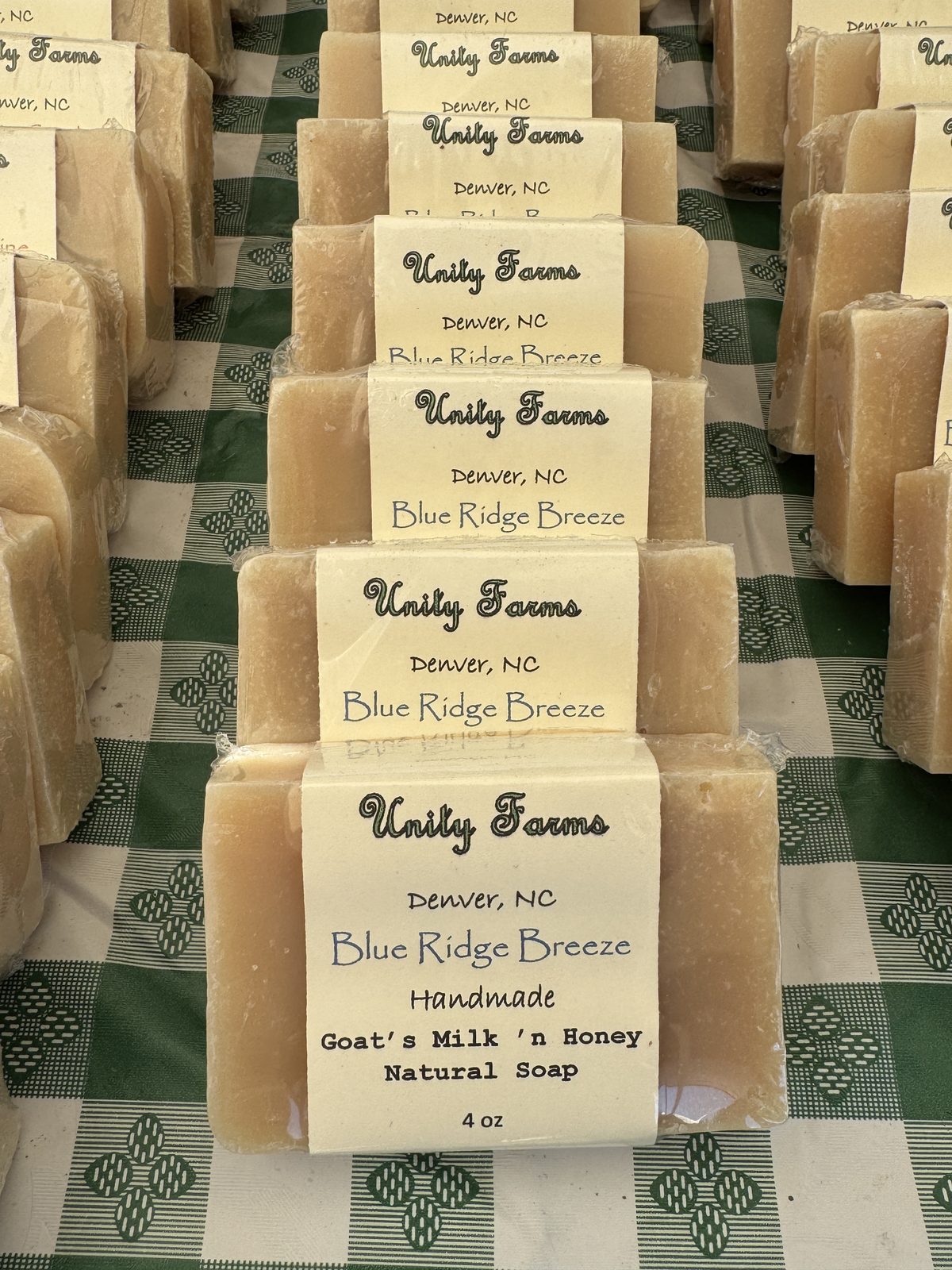 Blue Ridge Breeze goats milk and honey soap bars in rows