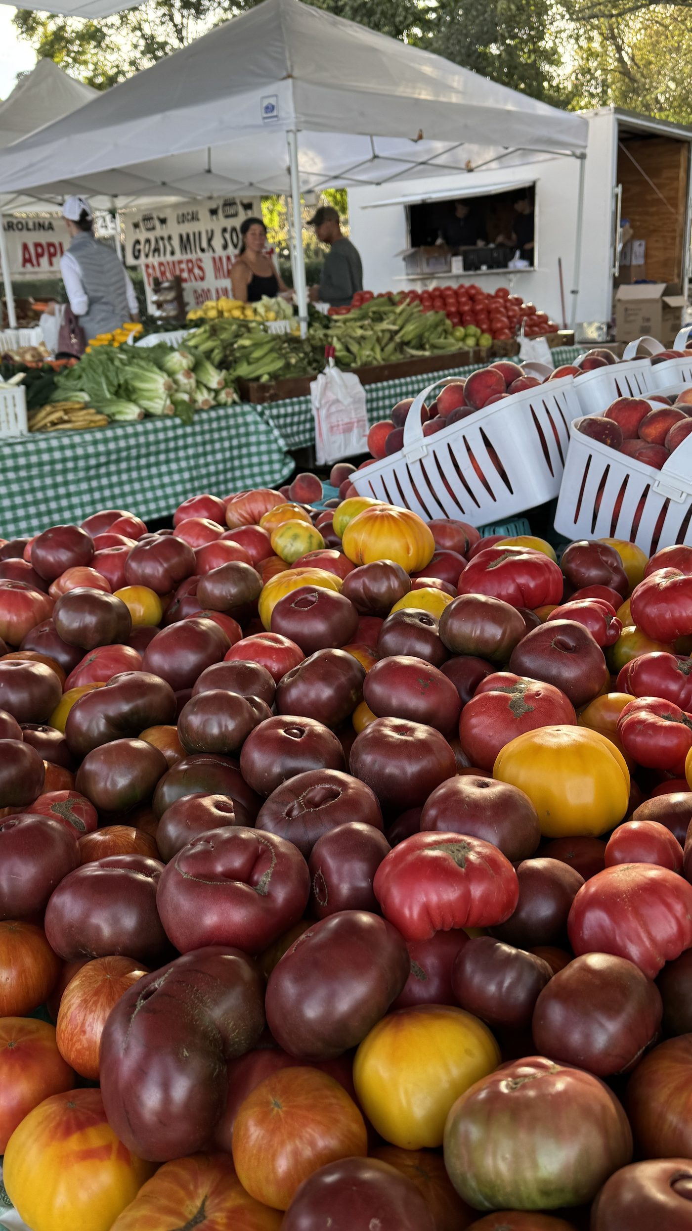 Heirloom tomatoes piled high at the Unity Farms market stand